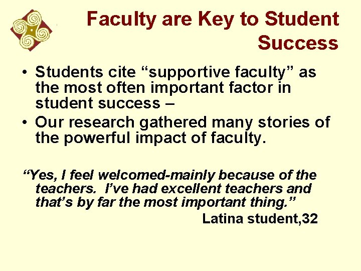 Faculty are Key to Student Success • Students cite “supportive faculty” as the most