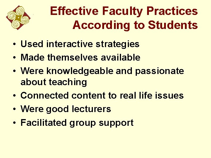 Effective Faculty Practices According to Students • Used interactive strategies • Made themselves available