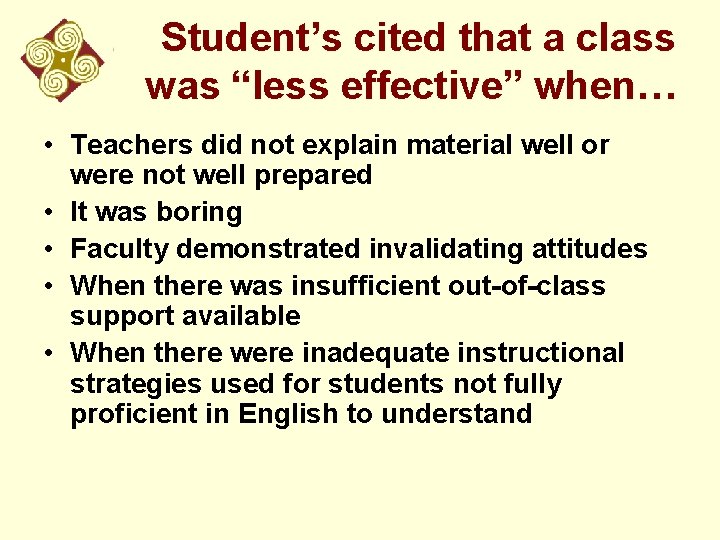 Student’s cited that a class was “less effective” when… • Teachers did not explain