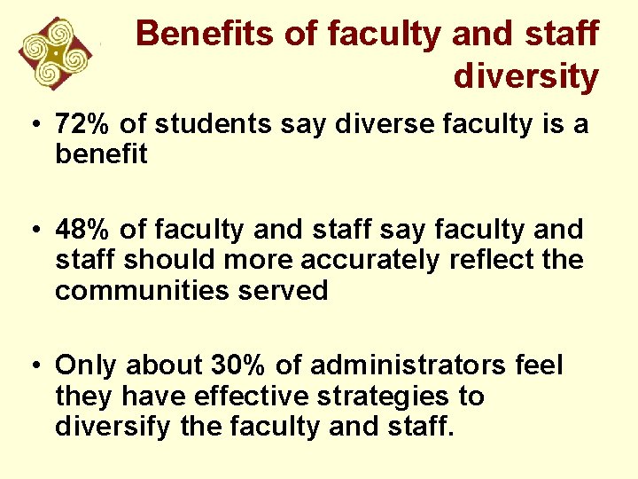 Benefits of faculty and staff diversity • 72% of students say diverse faculty is