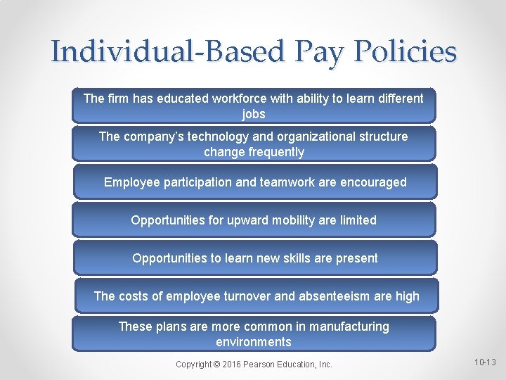 Individual-Based Pay Policies The firm has educated workforce with ability to learn different jobs