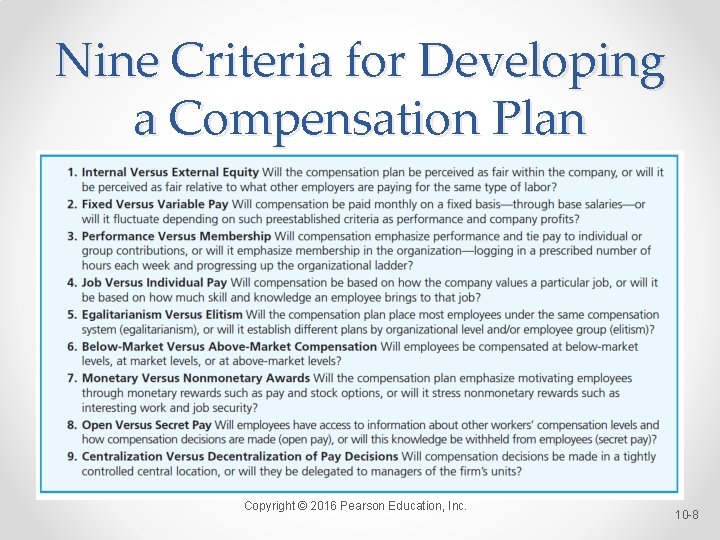 Nine Criteria for Developing a Compensation Plan Copyright © 2016 Pearson Education, Inc. 10