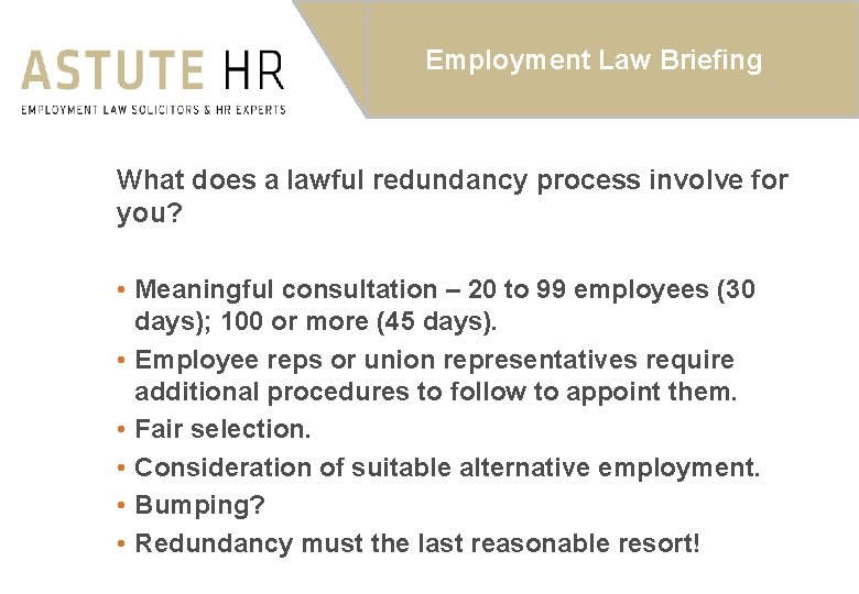 Employment Law Briefing What does a lawful redundancy process involve for you? • Meaningful