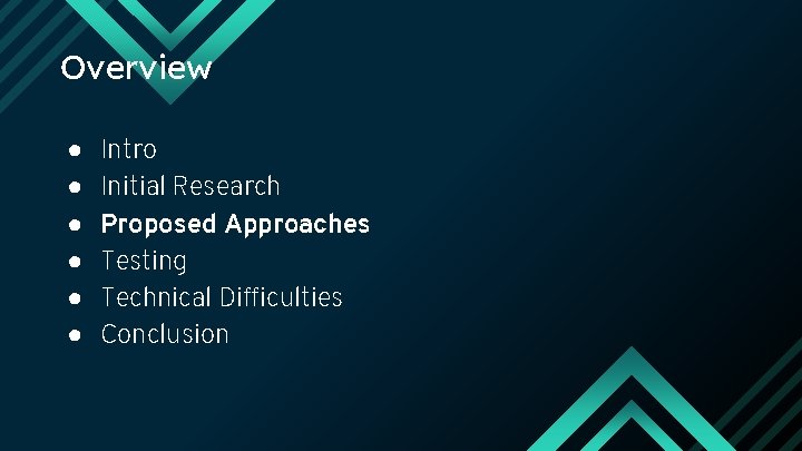 Overview ● ● ● Intro Initial Research Proposed Approaches Testing Technical Difficulties Conclusion 
