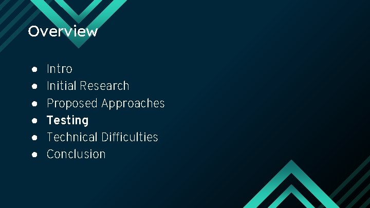 Overview ● ● ● Intro Initial Research Proposed Approaches Testing Technical Difficulties Conclusion 