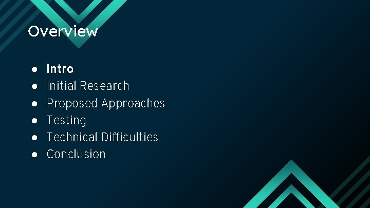 Overview ● ● ● Intro Initial Research Proposed Approaches Testing Technical Difficulties Conclusion 