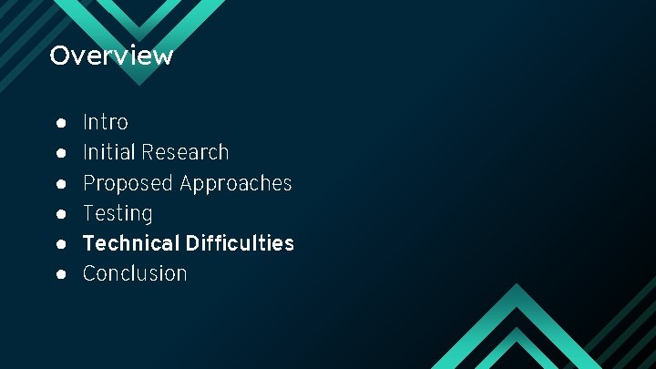 Overview ● ● ● Intro Initial Research Proposed Approaches Testing Technical Difficulties Conclusion 