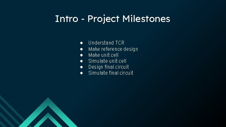 Intro - Project Milestones ● ● ● Understand TCR Make reference design Make unit