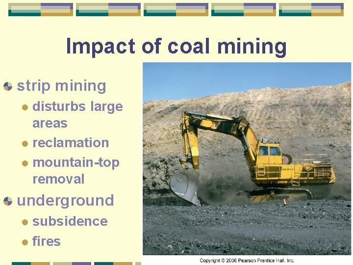 Impact of coal mining strip mining disturbs large areas l reclamation l mountain-top removal