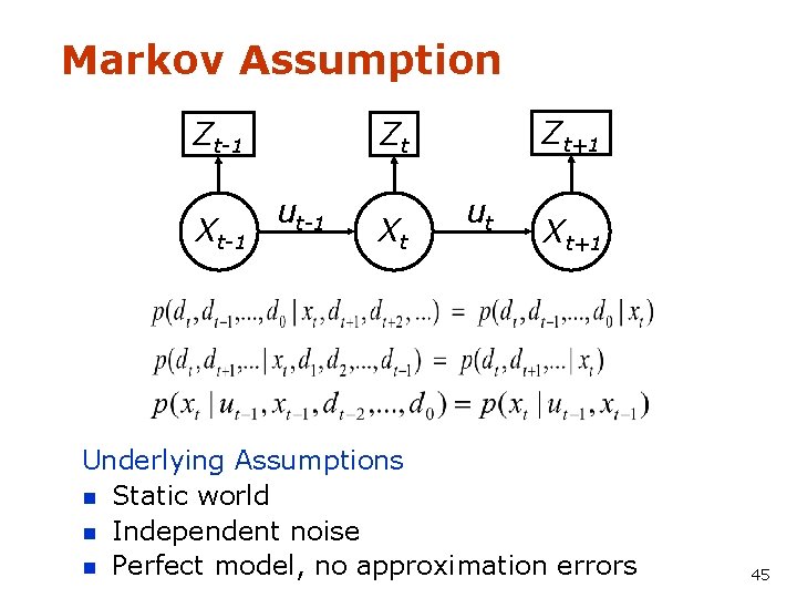 Markov Assumption Zt-1 Xt-1 Zt+1 Zt ut-1 Xt ut Xt+1 Underlying Assumptions n Static