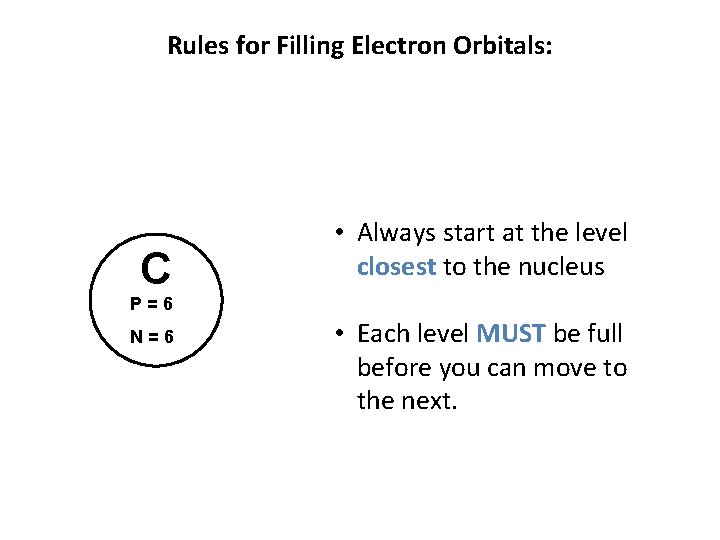 Rules for Filling Electron Orbitals: C • Always start at the level closest to