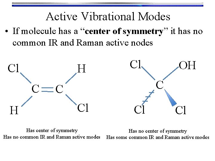 Active Vibrational Modes • If molecule has a “center of symmetry” it has no