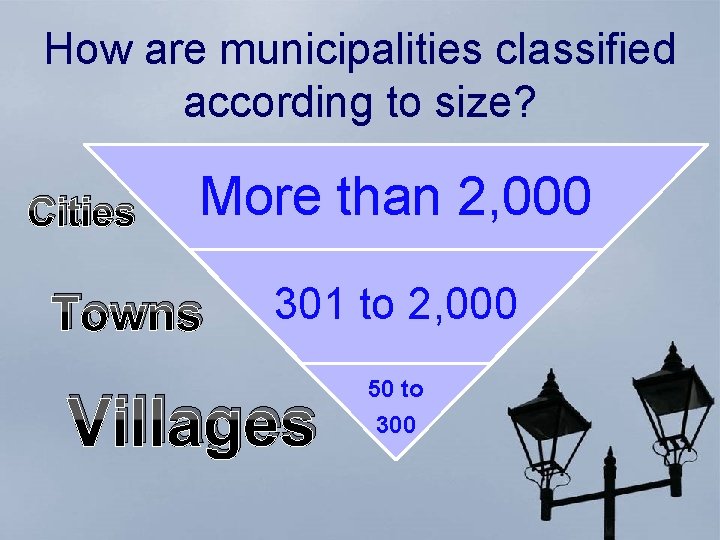 How are municipalities classified according to size? Cities More than 2, 000 Towns 301