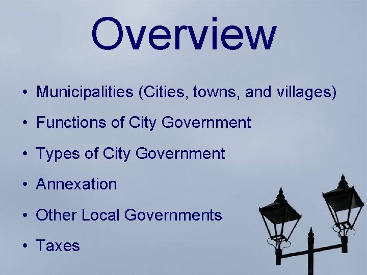 Overview • Municipalities (Cities, towns, and villages) • Functions of City Government • Types