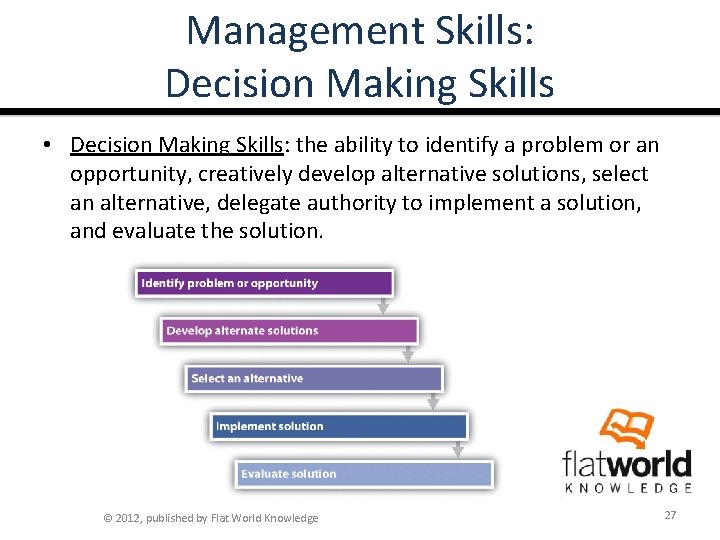 Management Skills: Decision Making Skills • Decision Making Skills: the ability to identify a