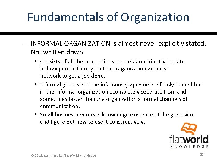 Fundamentals of Organization – INFORMAL ORGANIZATION is almost never explicitly stated. Not written down.