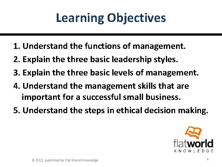 Learning Objectives 1. Understand the functions of management. 2. Explain the three basic leadership