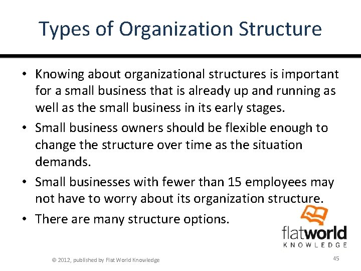 Types of Organization Structure • Knowing about organizational structures is important for a small