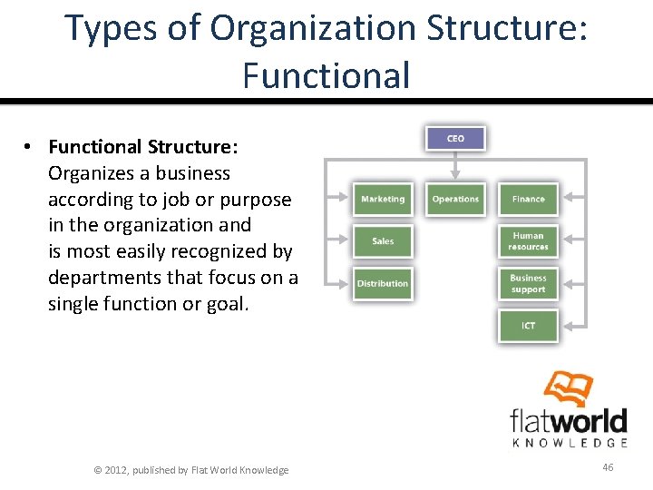 Types of Organization Structure: Functional • Functional Structure: Organizes a business according to job