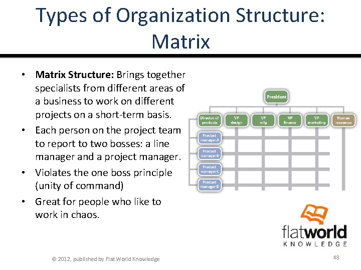 Types of Organization Structure: Matrix • Matrix Structure: Brings together specialists from different areas