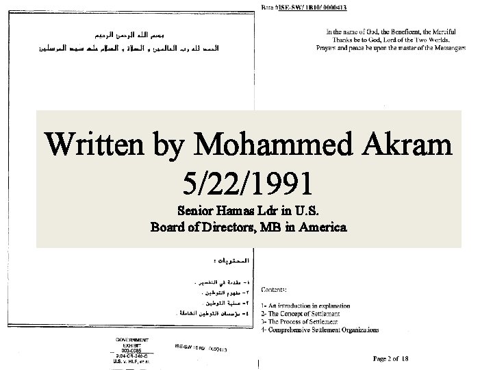 Written by Mohammed Akram 5/22/1991 Senior Hamas Ldr in U. S. Board of Directors,