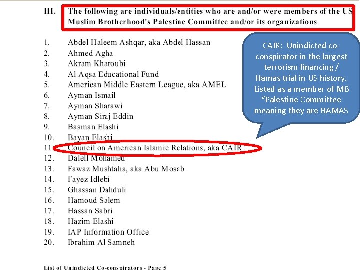 CAIR: Unindicted coconspirator in the largest terrorism financing / Hamas trial in US history.