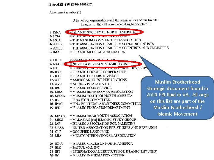 Muslim Brotherhood Strategic document found in 2004 FBI Raid in VA. All orgs on