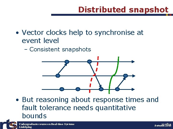 Distributed snapshot • Vector clocks help to synchronise at event level – Consistent snapshots