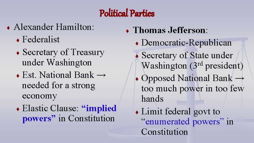 Political Parties ♦ Alexander Hamilton: ♦ Federalist ♦ Secretary of Treasury under Washington ♦