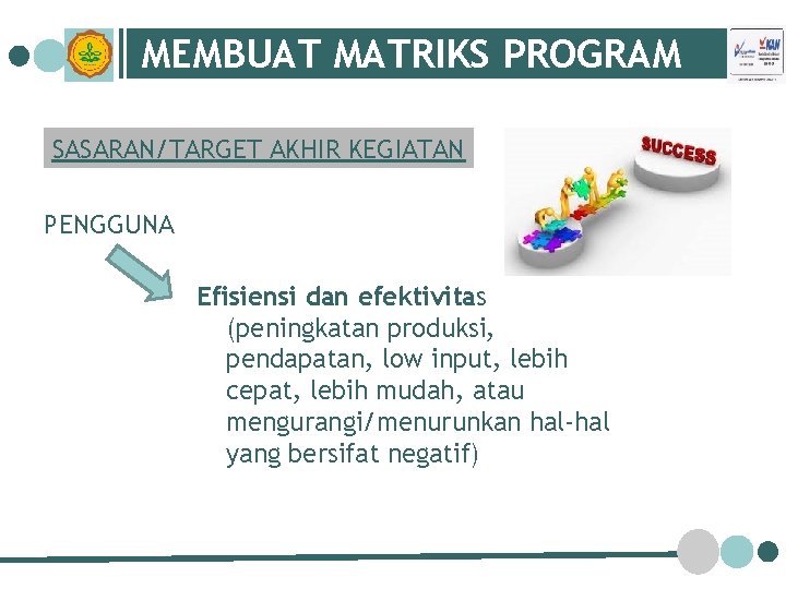 MEMBUAT MATRIKS PROGRAM SASARAN/TARGET AKHIR KEGIATAN PENGGUNA Efisiensi dan efektivitas (peningkatan produksi, pendapatan, low