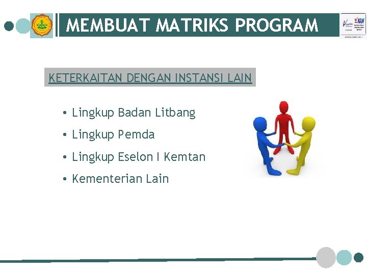MEMBUAT MATRIKS PROGRAM KETERKAITAN DENGAN INSTANSI LAIN • Lingkup Badan Litbang • Lingkup Pemda