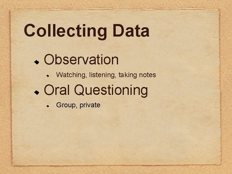 Collecting Data Observation Watching, listening, taking notes Oral Questioning Group, private Collecting Data Observation Watching, listening, taking notes Oral Questioning Group, private