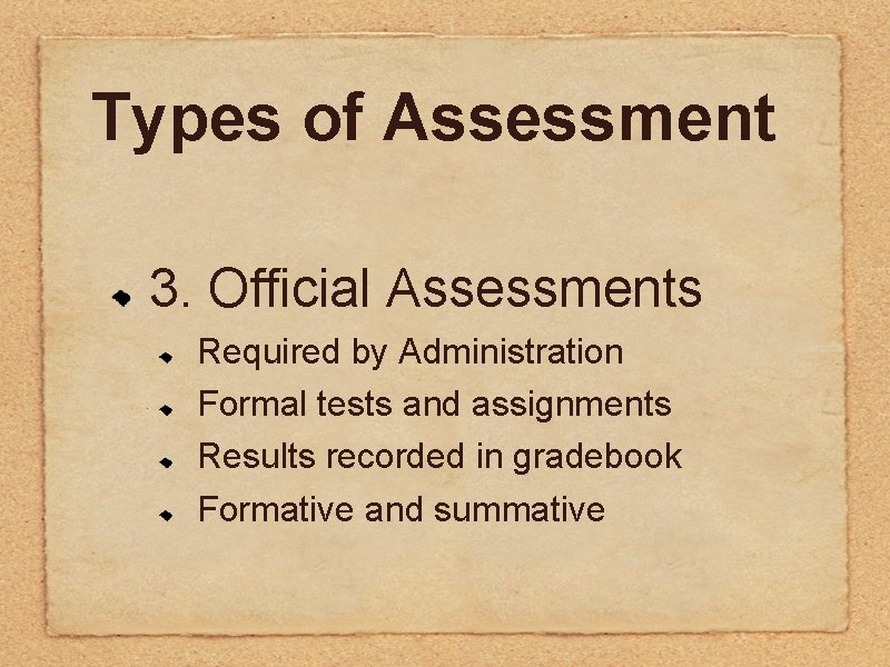 Types of Assessment 3. Official Assessments Required by Administration Formal tests and assignments Results Types of Assessment 3. Official Assessments Required by Administration Formal tests and assignments Results
