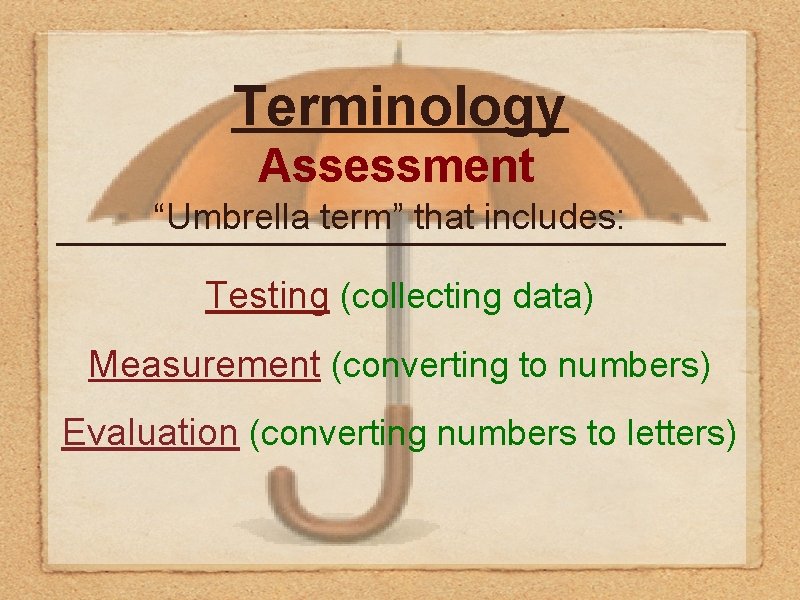Terminology Assessment “Umbrella term” that includes: Testing (collecting data) Measurement (converting to numbers) Evaluation Terminology Assessment “Umbrella term” that includes: Testing (collecting data) Measurement (converting to numbers) Evaluation