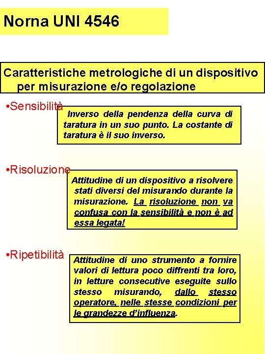 Parte (introduzione) Norna. I UNI 4546 Caratteristiche metrologiche di un dispositivo per misurazione e/o