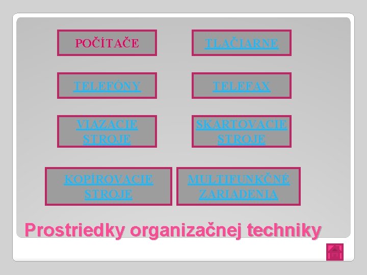 POČÍTAČE TLAČIARNE TELEFÓNY TELEFAX VIAZACIE STROJE SKARTOVACIE STROJE KOPÍROVACIE STROJE MULTIFUNKČNÉ ZARIADENIA Prostriedky organizačnej