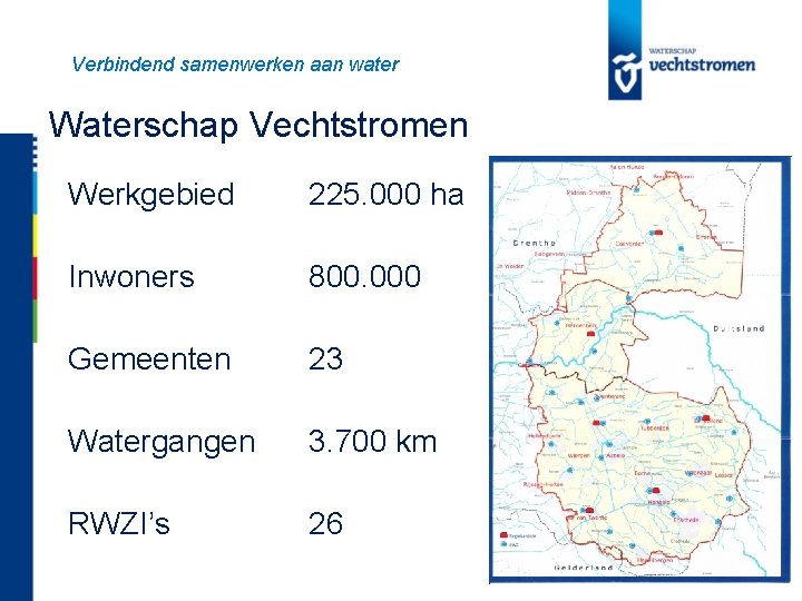 Verbindend samenwerken aan water Waterschap Vechtstromen Werkgebied 225. 000 ha Inwoners 800. 000 Gemeenten