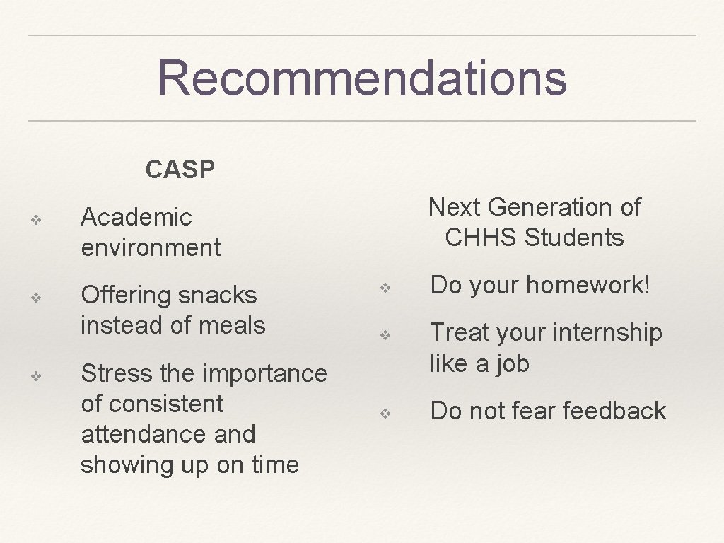 Recommendations CASP ❖ ❖ ❖ Next Generation of CHHS Students Academic environment Offering snacks