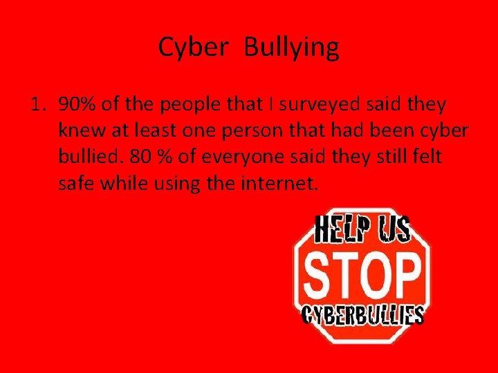 Cyber Bullying 1. 90% of the people that I surveyed said they knew at