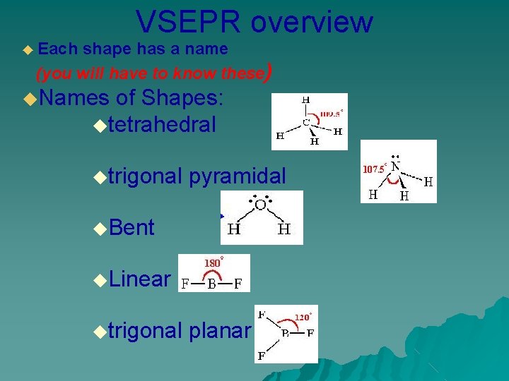 VSEPR overview ◆ Each shape has a name (you will have to know these) VSEPR overview ◆ Each shape has a name (you will have to know these)