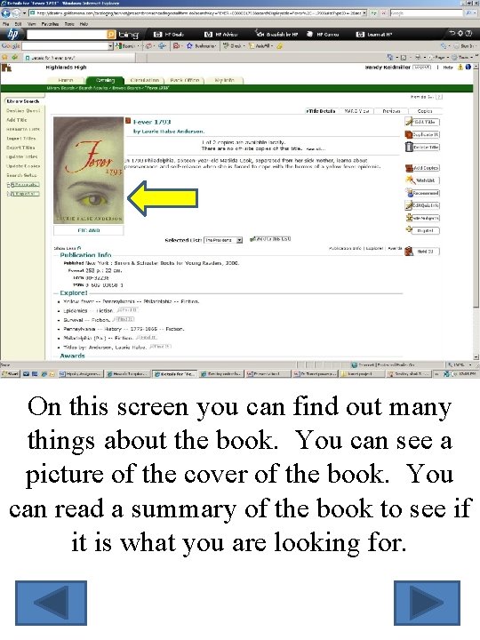 On this screen you can find out many things about the book. You can