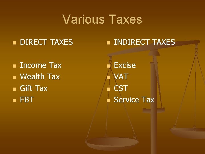 Various Taxes n n n DIRECT TAXES Income Tax Wealth Tax Gift Tax FBT