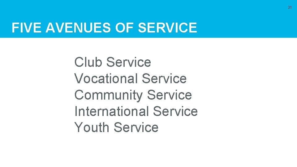 31 FIVE AVENUES OF SERVICE Club Service Vocational Service Community Service International Service Youth