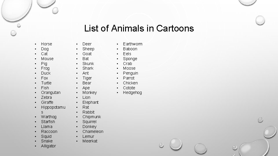 List of Animals in Cartoons • • • • • • Horse Dog Cat