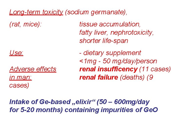 Long-term toxicity (sodium germanate), (rat, mice): tissue accumulation, fatty liver, nephrotoxicity, shorter life-span Use: