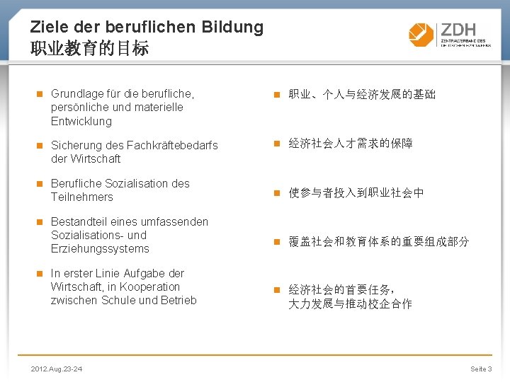 Ziele der beruflichen Bildung 职业教育的目标 n Grundlage für die berufliche, persönliche und materielle Entwicklung