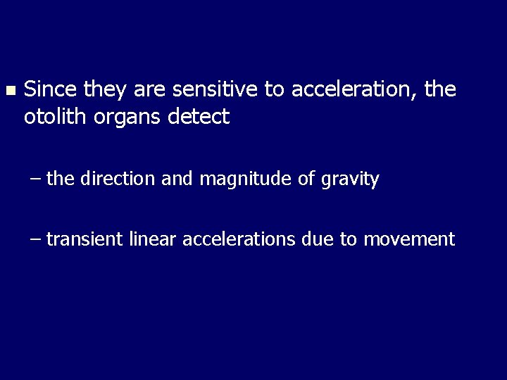 n Since they are sensitive to acceleration, the otolith organs detect – the direction n Since they are sensitive to acceleration, the otolith organs detect – the direction