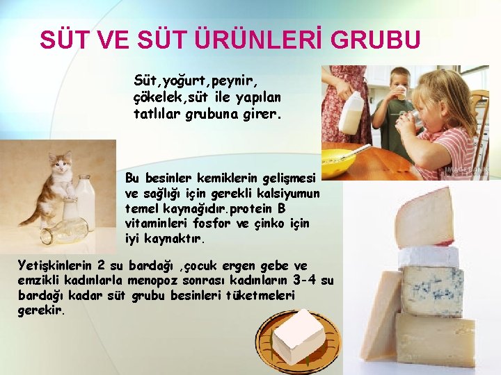 SÜT VE SÜT ÜRÜNLERİ GRUBU Süt, yoğurt, peynir, çökelek, süt ile yapılan tatlılar grubuna