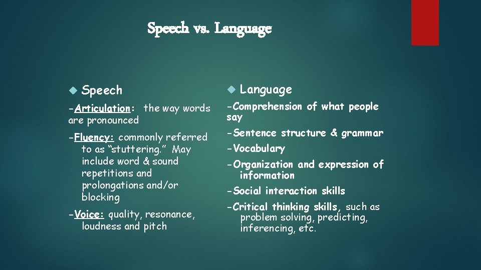 Speech vs. Language Speech -Articulation: the way words are pronounced -Fluency: commonly referred to Speech vs. Language Speech -Articulation: the way words are pronounced -Fluency: commonly referred to