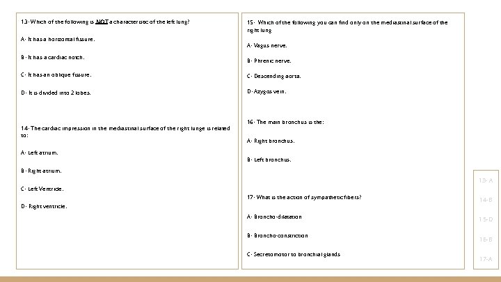 13 - Which of the following is NOT a characteristic of the left lung?